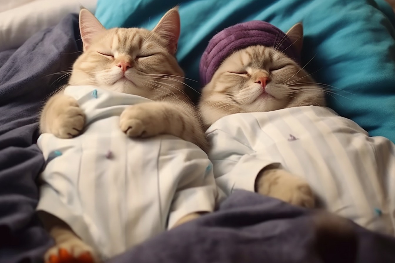 Cozy Slumber: Two Cats Rest Peacefully in Their Warm Bed.NgocChau