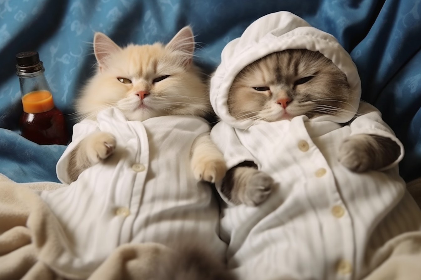 Cozy Slumber: Two Cats Rest Peacefully in Their Warm Bed.NgocChau