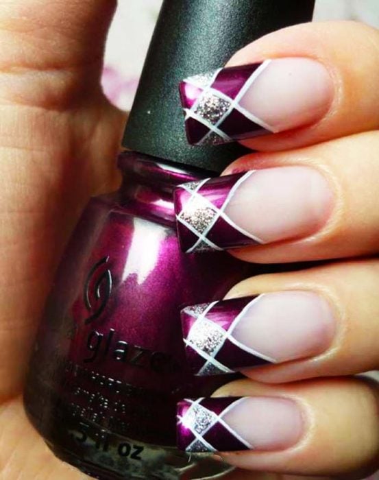 Plum nail designs with white lines and gray squares