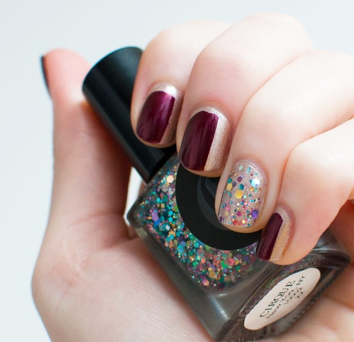 Plum nail designs with gold and colorful glitter