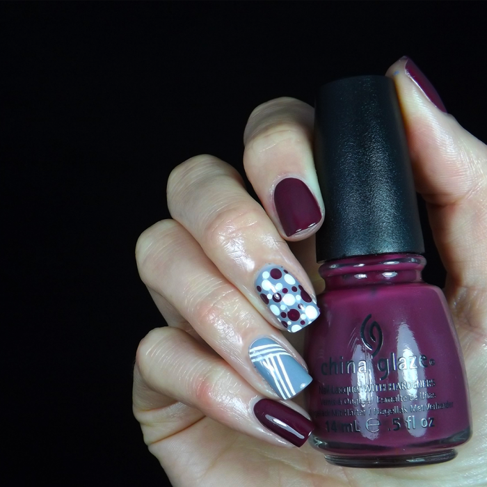 Plum Nails with White and Blue Dots