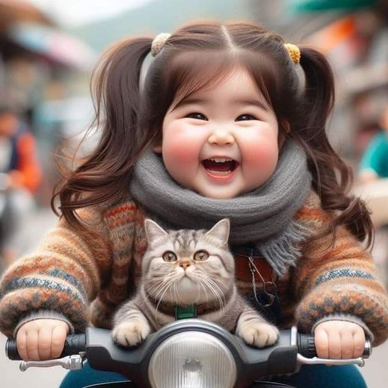 Heartwarming Images of Babies Driving Toy Cars with Their Feline Friends, Spreading Happiness to All.NgocChau