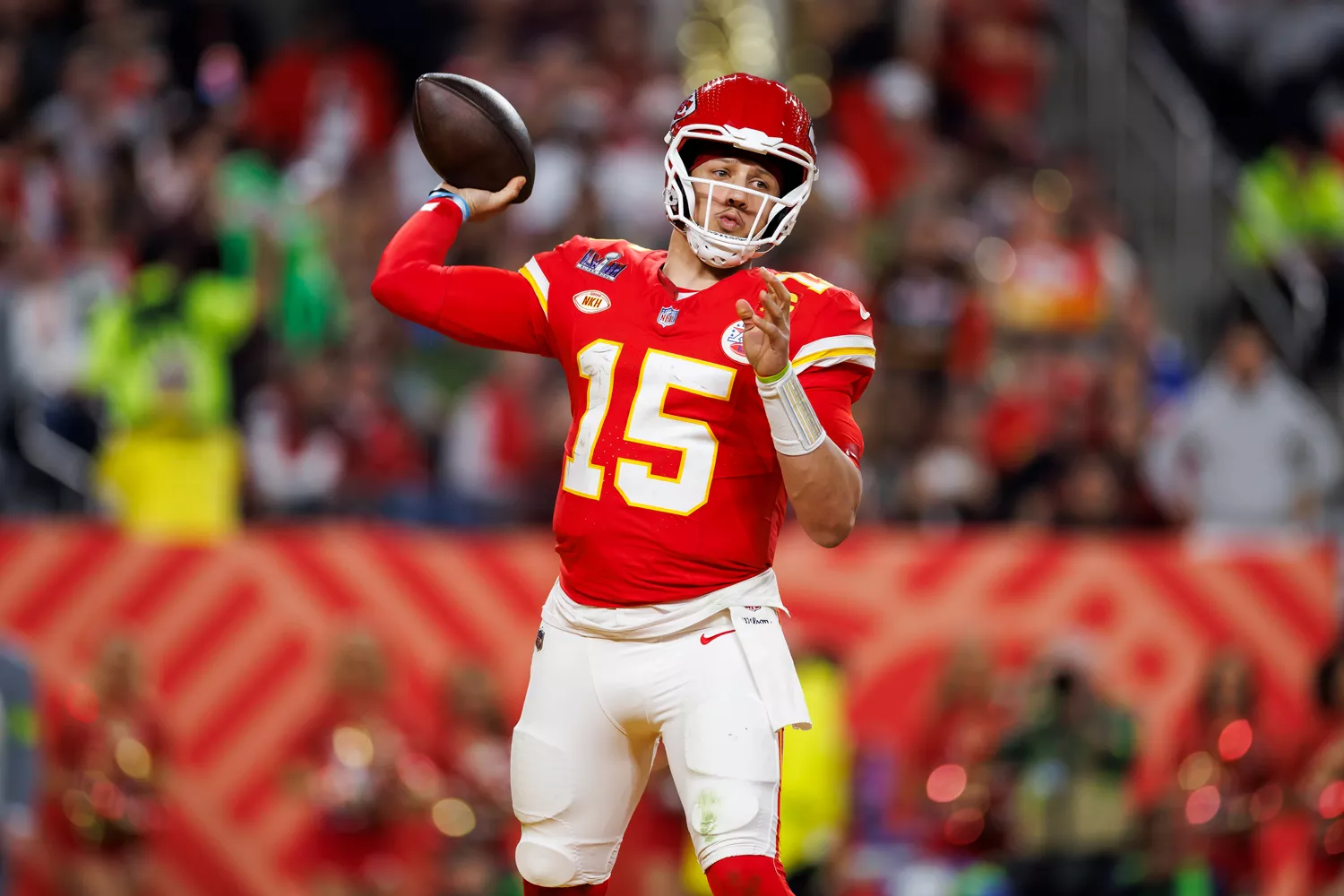 Patrick Mahomes #15 of the Kansas City Chiefs drops back and looks to throw a pass during Super Bowl LVIII against the San Francisco 49ers at Allegiant Stadium on February 11, 2024 in Las Vegas, Nevada