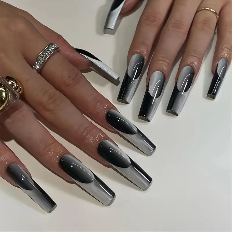 Glossy Black Gray Coffin French Tips Press Nails Full Cover - Temu