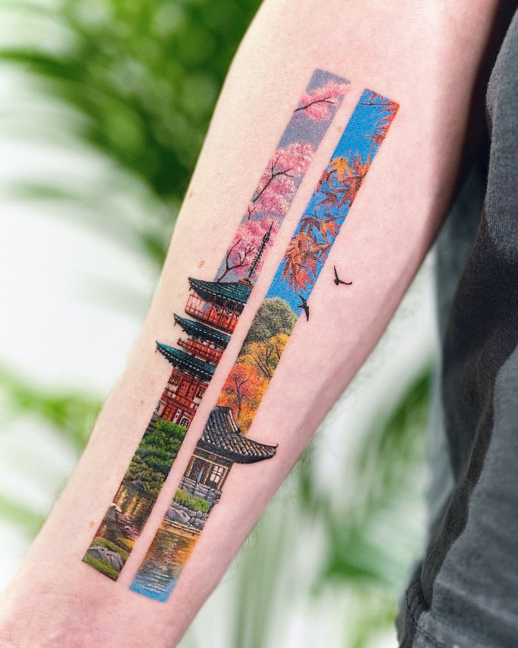 Vertical tattoos featuring East Asian elements