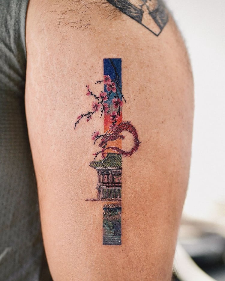 Vertical tattoos featuring East Asian elements