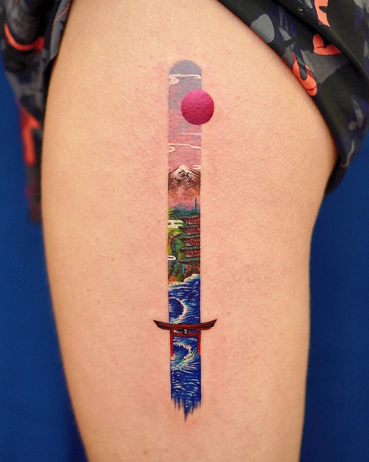 Vertical tattoos featuring East Asian elements